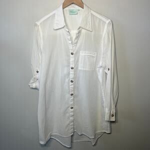 True Destinations Blouse White Cotton Beachy Cover Up Button Coastal Vacation L